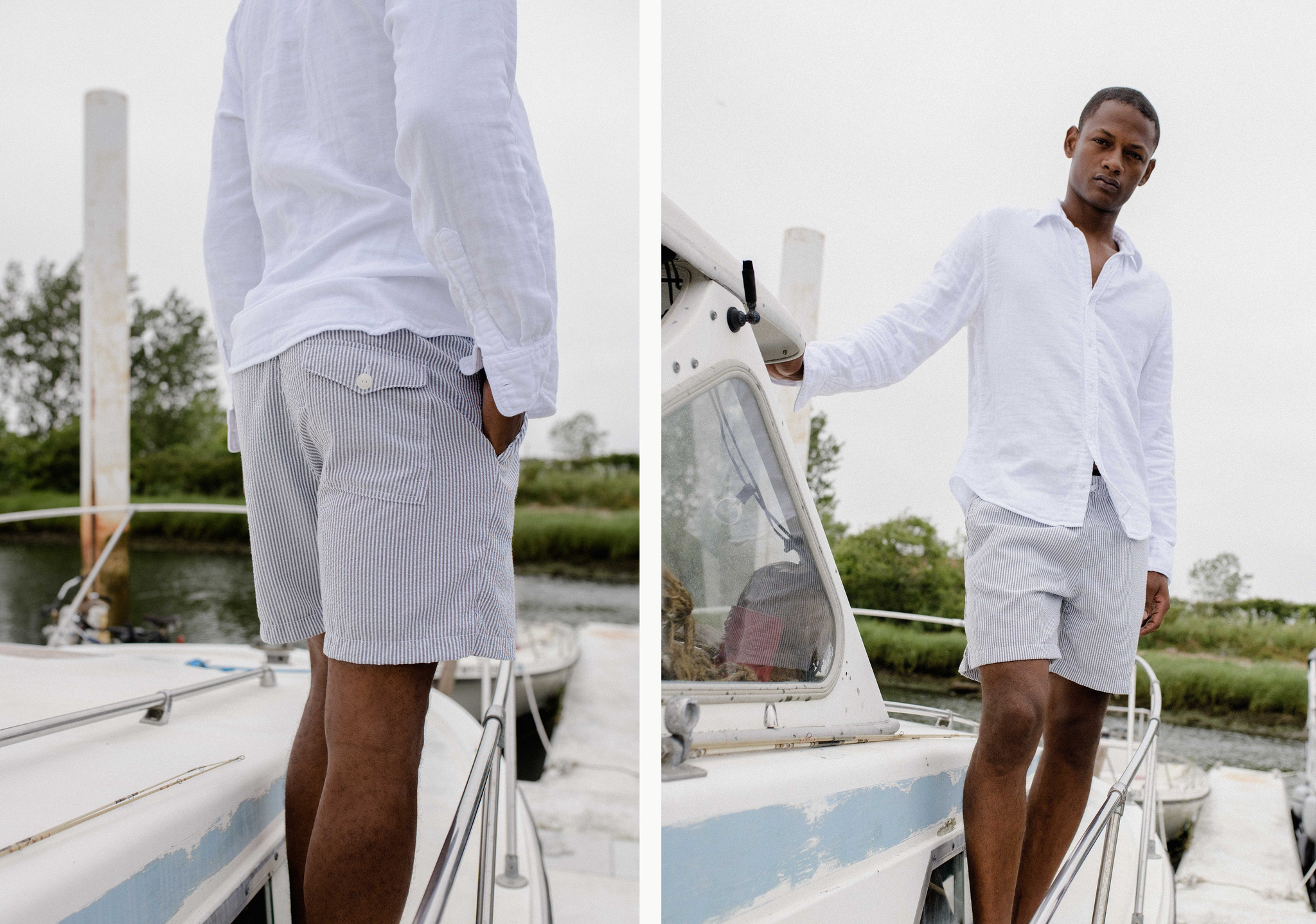 Lucas on a yacht wearing seersucker easy short in marine.  On the left it is a close up of the back of the short, on the right it is a full front view of the short and white easy shirt.